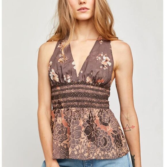 Free People Brinkley Smocked Floral Cocoa Combo Tank Top - Picture 1 of 9